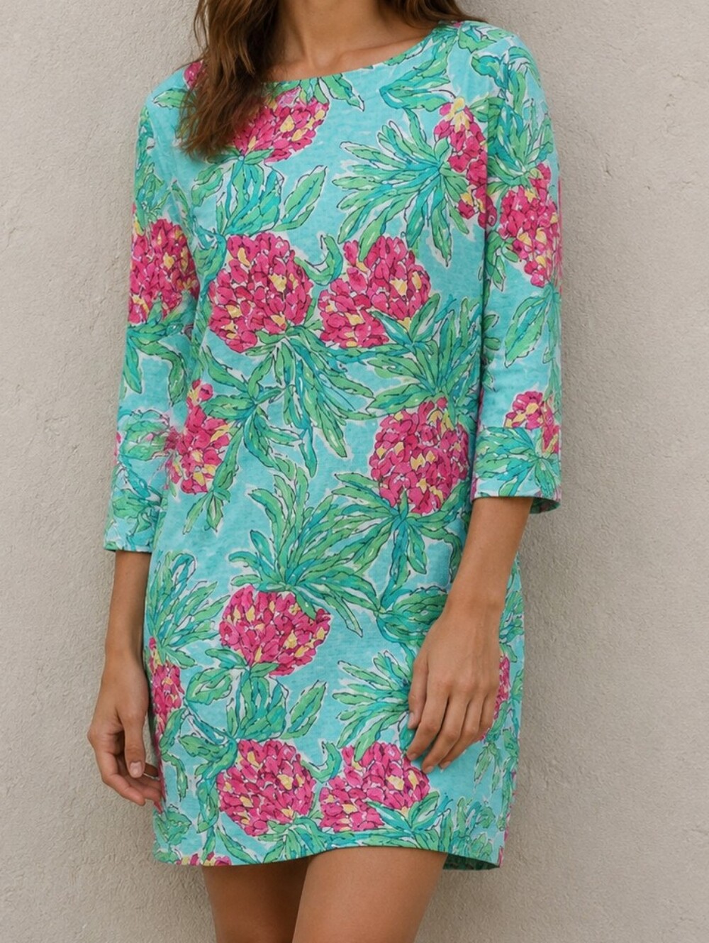 Lilly Pulitzer Pink and Green Floral Knit 3/4 Sleeve Dress Small